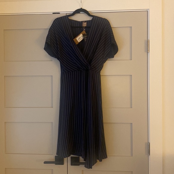 Hugo Boss size 6 draped navy with white pin-stripes dress. - Picture 3 of 5